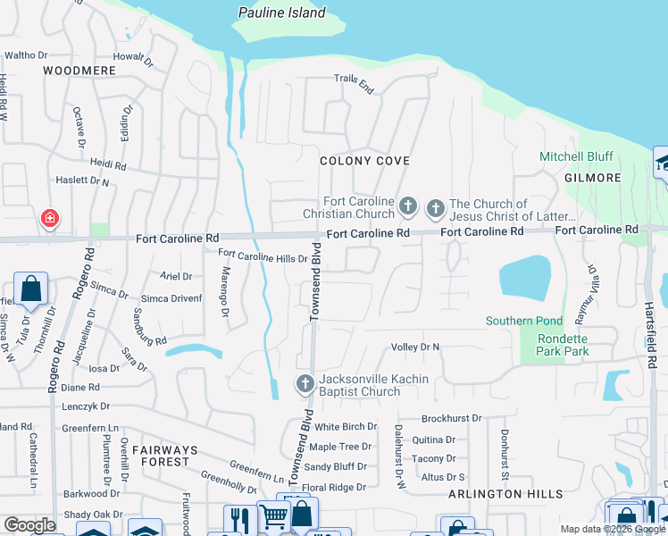 map of restaurants, bars, coffee shops, grocery stores, and more near 7348 Colony Cove Lane in Jacksonville