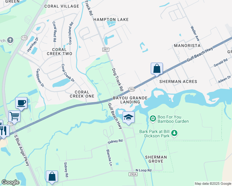 map of restaurants, bars, coffee shops, grocery stores, and more near Sorrento Road in Pensacola