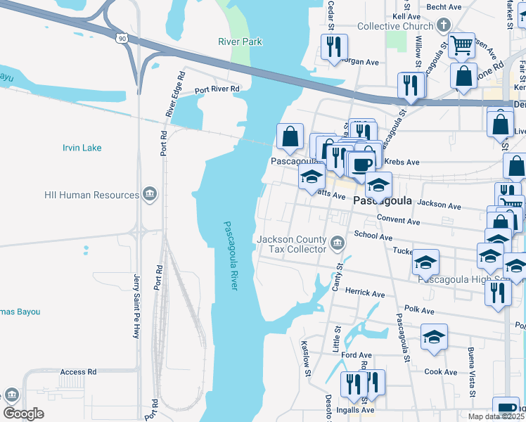 map of restaurants, bars, coffee shops, grocery stores, and more near 3002 Front St in Pascagoula