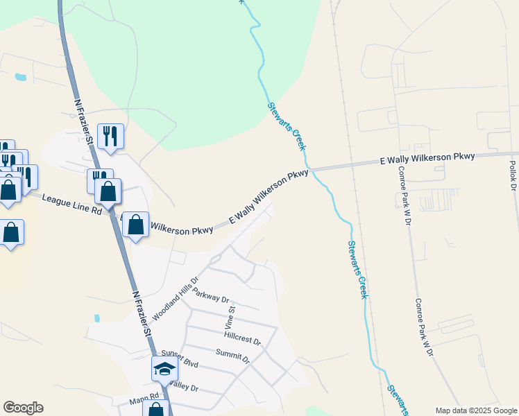 map of restaurants, bars, coffee shops, grocery stores, and more near 40B Woodland Hills Drive in Conroe