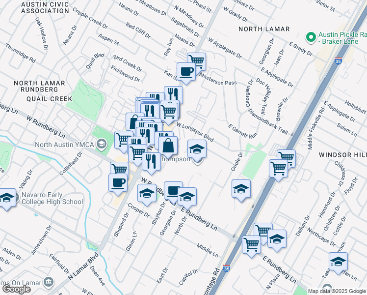 map of restaurants, bars, coffee shops, grocery stores, and more near 9700 Eastwend Drive in Austin