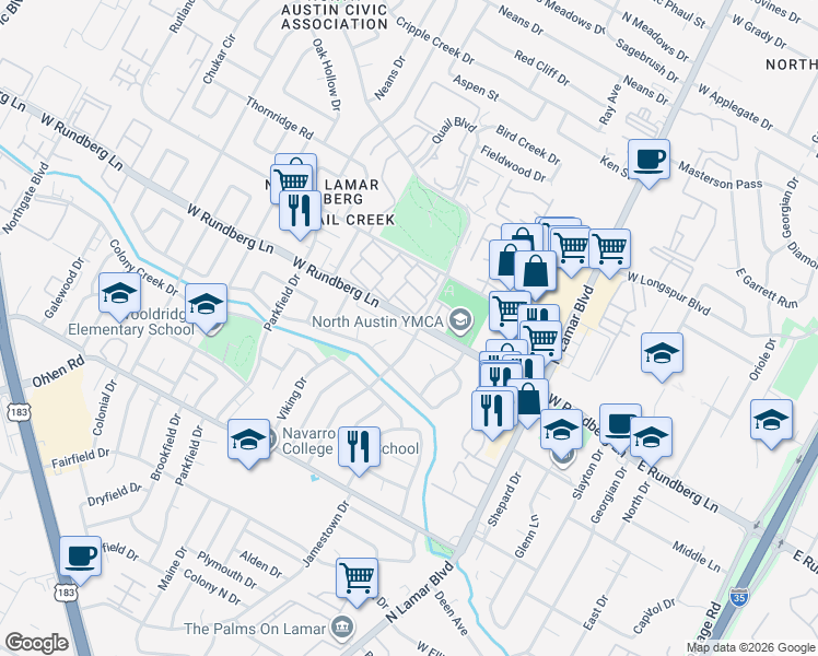 map of restaurants, bars, coffee shops, grocery stores, and more near 9204 Collinfield Drive in Austin