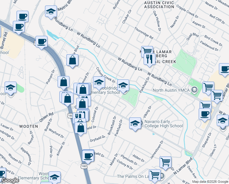 map of restaurants, bars, coffee shops, grocery stores, and more near 8907 Covey Court in Austin