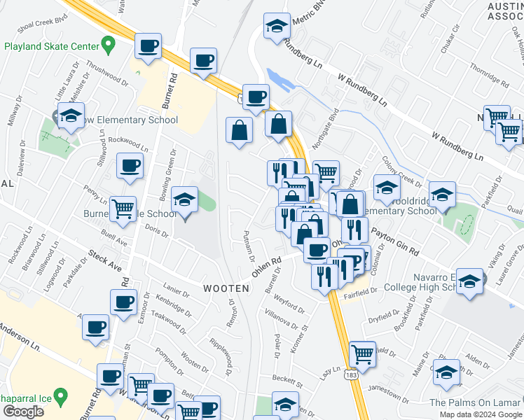 map of restaurants, bars, coffee shops, grocery stores, and more near 8603 Putnam Drive in Austin