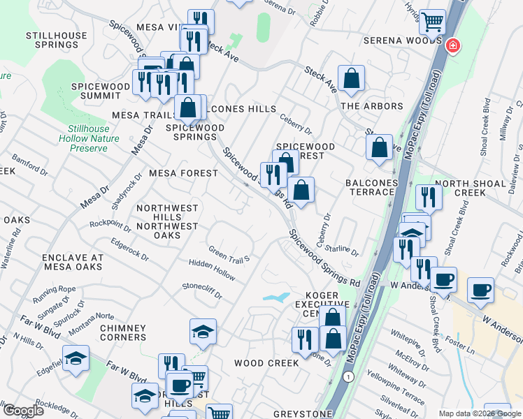 map of restaurants, bars, coffee shops, grocery stores, and more near 7804 Heathercrest Circle in Austin