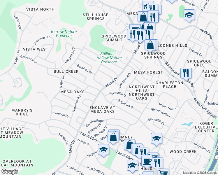 map of restaurants, bars, coffee shops, grocery stores, and more near 7502 Rockpoint Drive in Austin