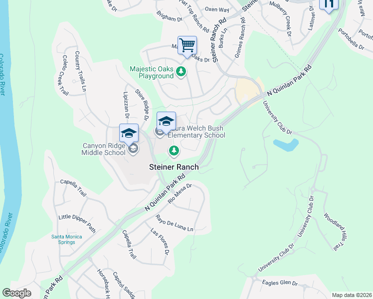map of restaurants, bars, coffee shops, grocery stores, and more near in Steiner Ranch