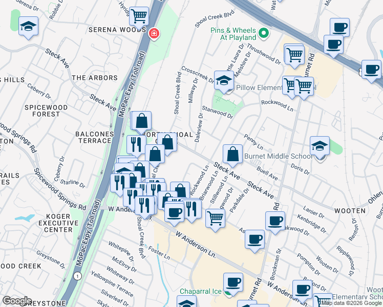 map of restaurants, bars, coffee shops, grocery stores, and more near 3105 Steck Avenue in Austin