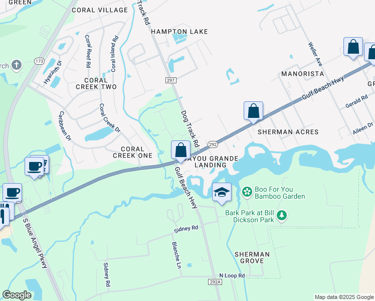 map of restaurants, bars, coffee shops, grocery stores, and more near Sorrento Road in Pensacola