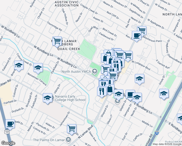 map of restaurants, bars, coffee shops, grocery stores, and more near 1011 West Rundberg Lane in Austin