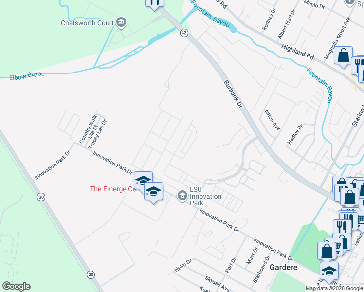 map of restaurants, bars, coffee shops, grocery stores, and more near 7618 Waterview Drive in Baton Rouge