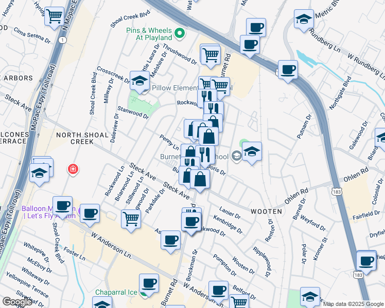 map of restaurants, bars, coffee shops, grocery stores, and more near 8524 Burnet Road in Austin