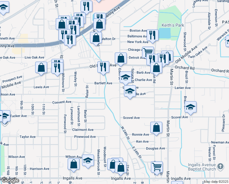 map of restaurants, bars, coffee shops, grocery stores, and more near 300 Bartlett Avenue in Pascagoula