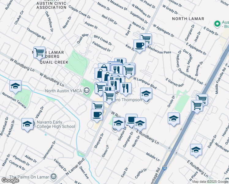 map of restaurants, bars, coffee shops, grocery stores, and more near 9616 North Lamar Boulevard in Austin