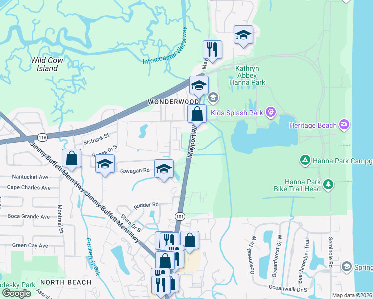 map of restaurants, bars, coffee shops, grocery stores, and more near 2760 Mayport Road in Jacksonville