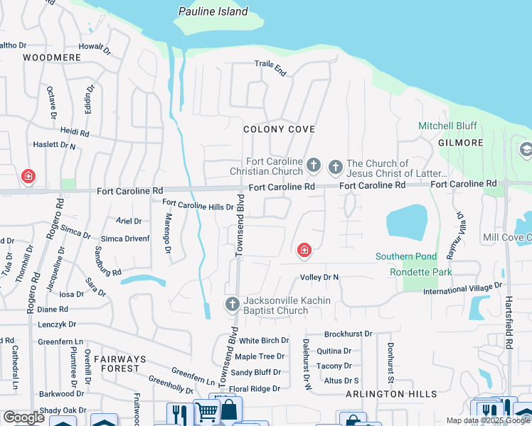 map of restaurants, bars, coffee shops, grocery stores, and more near 3528 Colony Cove Trail in Jacksonville