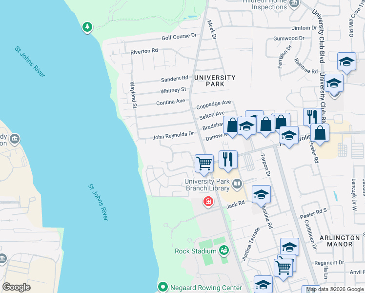 map of restaurants, bars, coffee shops, grocery stores, and more near 5442 John Reynolds Drive in Jacksonville