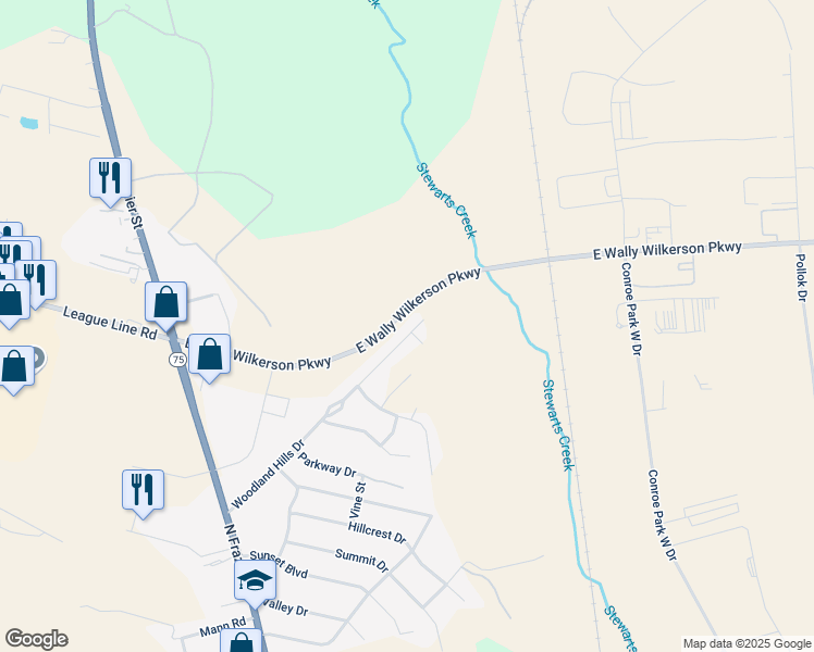 map of restaurants, bars, coffee shops, grocery stores, and more near 261 Woodland Hills Drive in Conroe