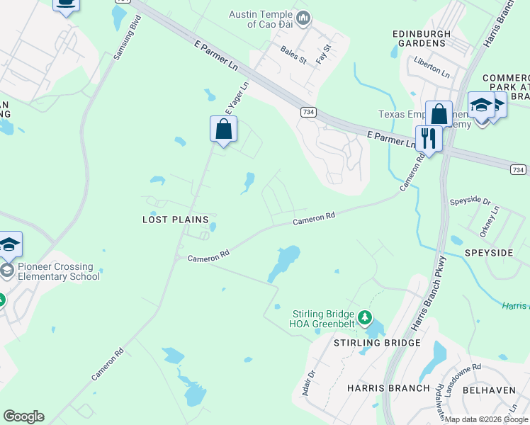 map of restaurants, bars, coffee shops, grocery stores, and more near 11930-12130 Cameron Road in Manor