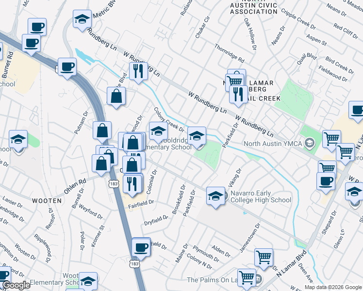 map of restaurants, bars, coffee shops, grocery stores, and more near 9007 Hunters Trace in Austin