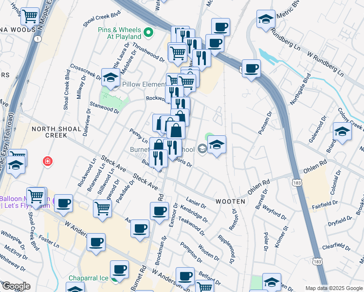 map of restaurants, bars, coffee shops, grocery stores, and more near 8501 Burnet Road in Austin