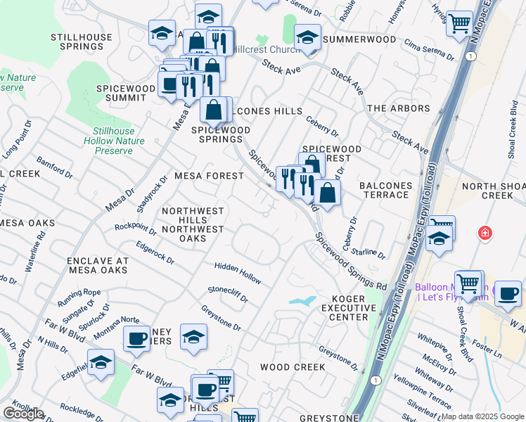 map of restaurants, bars, coffee shops, grocery stores, and more near 7901 Bracken Court in Austin