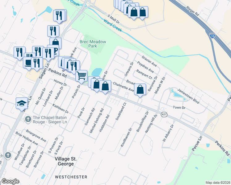 map of restaurants, bars, coffee shops, grocery stores, and more near 13730 Chalmette Avenue in Baton Rouge