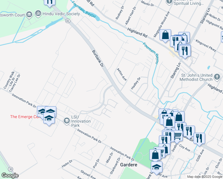 map of restaurants, bars, coffee shops, grocery stores, and more near 1333 Pelican Lakes Parkway in Baton Rouge