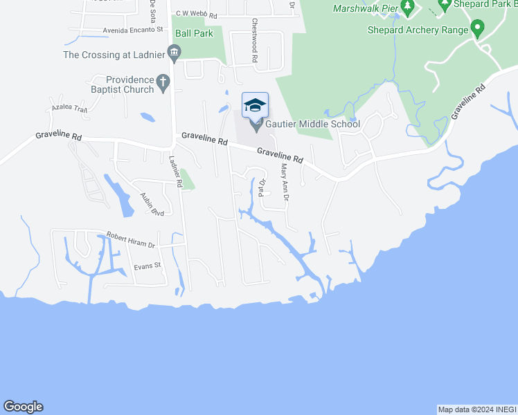 map of restaurants, bars, coffee shops, grocery stores, and more near 1625 Pat Drive in Gautier