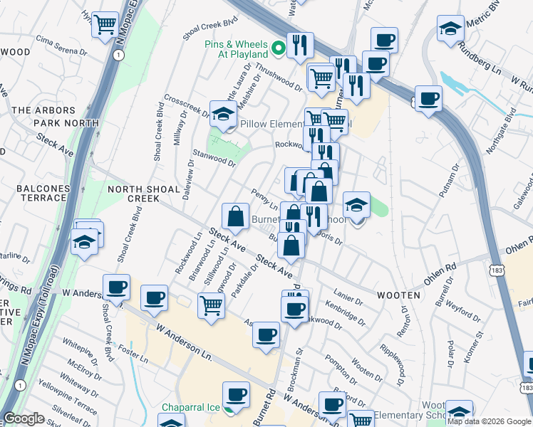 map of restaurants, bars, coffee shops, grocery stores, and more near 2701 Penny Lane in Austin