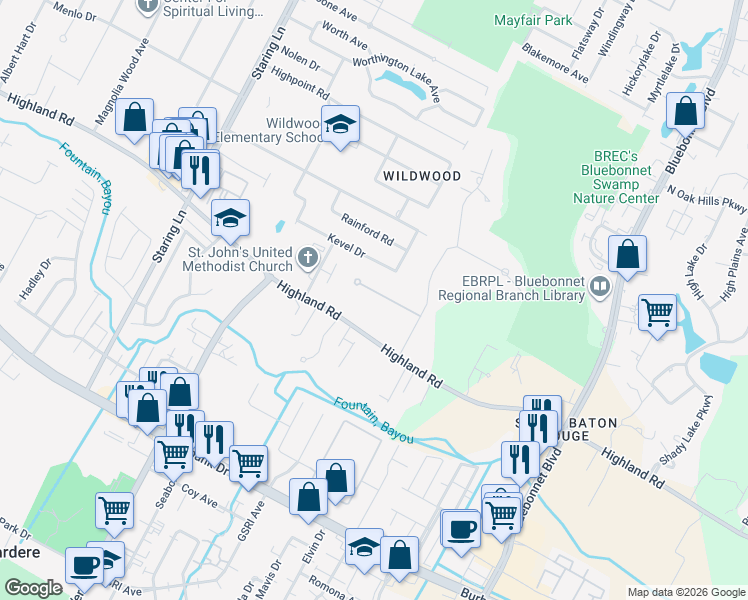map of restaurants, bars, coffee shops, grocery stores, and more near 9703 Myrtle Lane in Baton Rouge