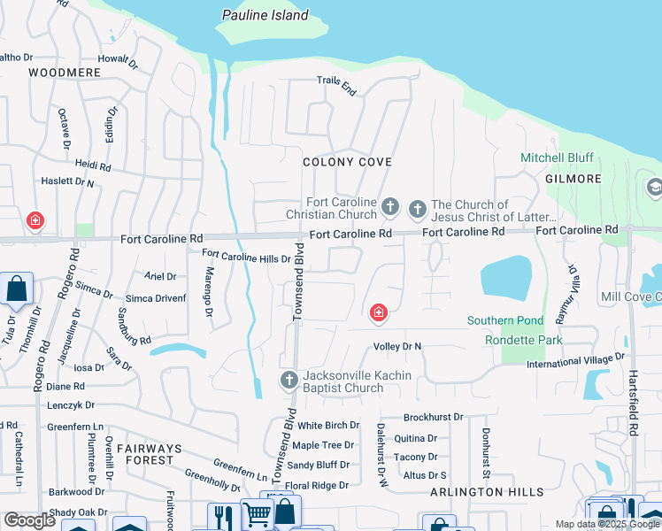 map of restaurants, bars, coffee shops, grocery stores, and more near 3528 Colony Cove Trail in Jacksonville