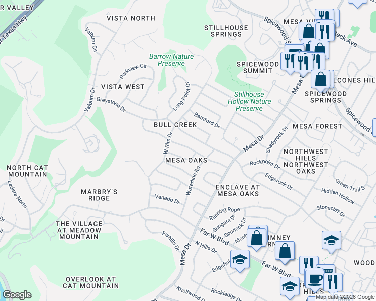 map of restaurants, bars, coffee shops, grocery stores, and more near 4209 Deepwoods Drive in Austin
