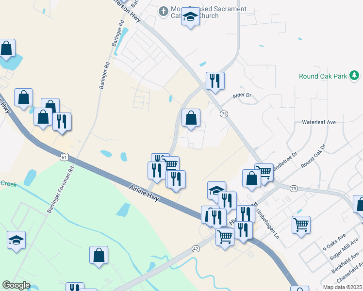 map of restaurants, bars, coffee shops, grocery stores, and more near 9555 Antioch Road in Baton Rouge