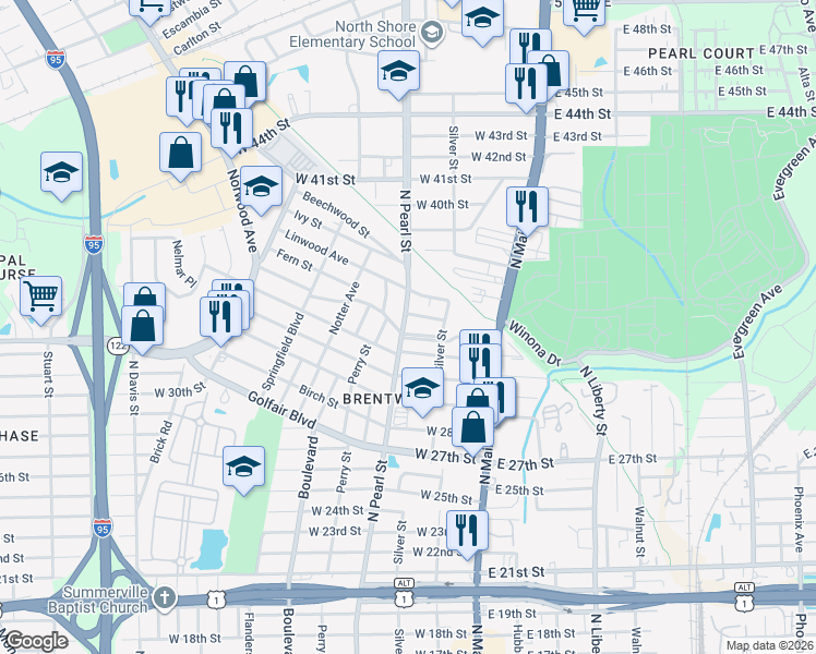 map of restaurants, bars, coffee shops, grocery stores, and more near 4530 North Pearl Street in Jacksonville