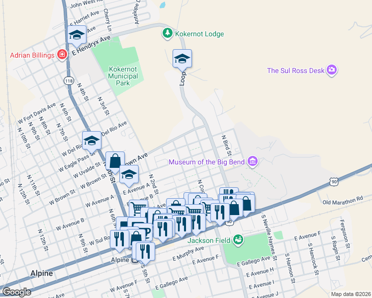 map of restaurants, bars, coffee shops, grocery stores, and more near 708 East Brown Avenue in Alpine