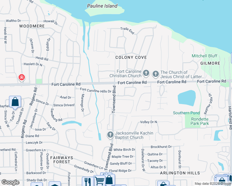 map of restaurants, bars, coffee shops, grocery stores, and more near 7121 Fort Caroline Hills Drive in Jacksonville