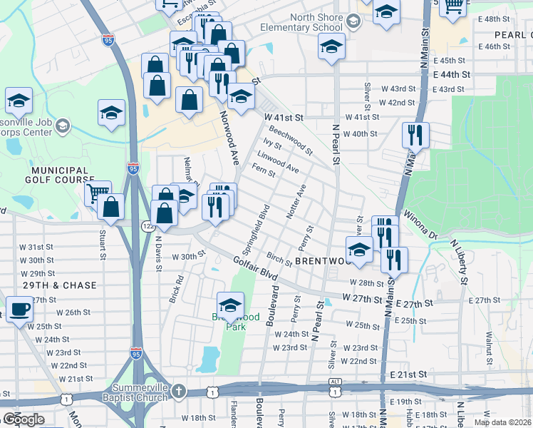 map of restaurants, bars, coffee shops, grocery stores, and more near 628 Alder Street in Jacksonville
