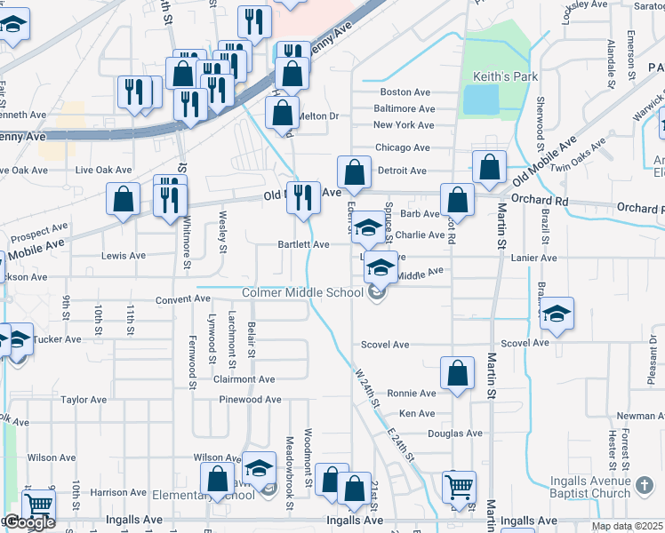 map of restaurants, bars, coffee shops, grocery stores, and more near 300 Bartlett Avenue in Pascagoula