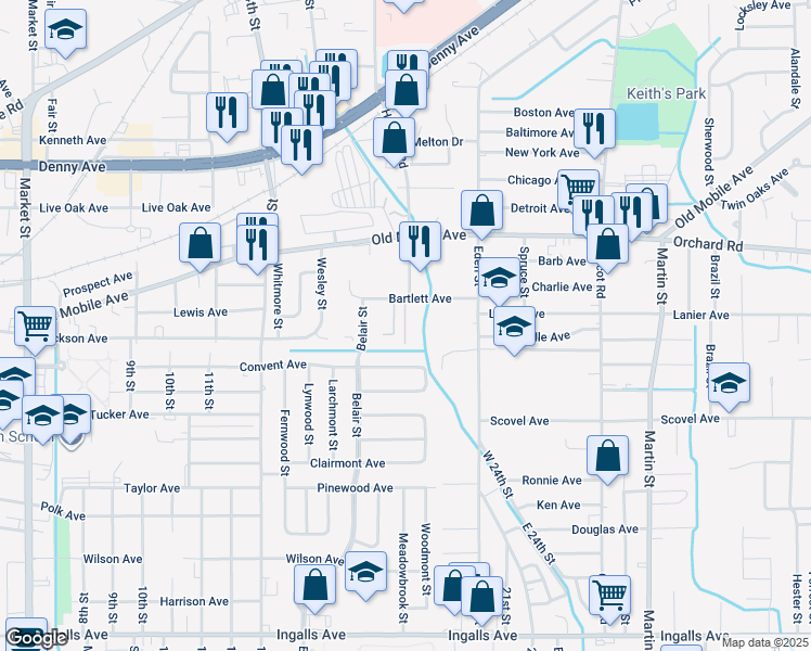 map of restaurants, bars, coffee shops, grocery stores, and more near 2718 Bartlett Avenue in Pascagoula