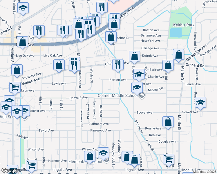 map of restaurants, bars, coffee shops, grocery stores, and more near 2712 Bartlett Avenue in Pascagoula