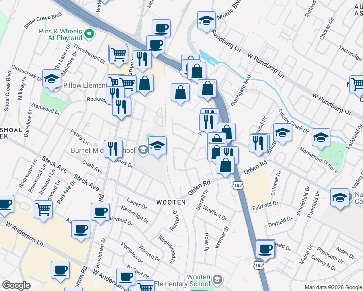 map of restaurants, bars, coffee shops, grocery stores, and more near 1908 Hearthside Drive in Austin