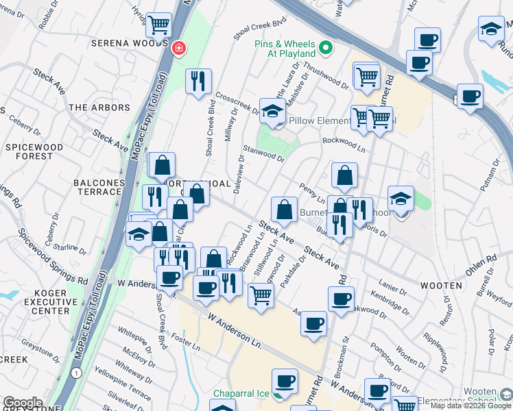 map of restaurants, bars, coffee shops, grocery stores, and more near 8208 Sandalwood Cove in Austin