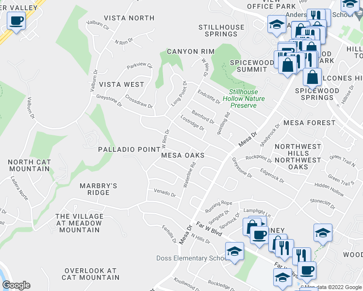map of restaurants, bars, coffee shops, grocery stores, and more near 4211 Deepwoods Drive in Austin