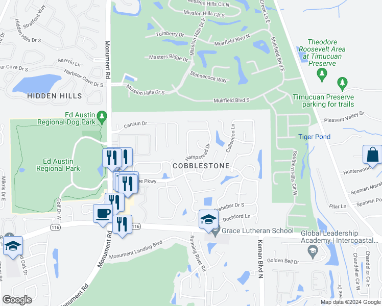 map of restaurants, bars, coffee shops, grocery stores, and more near 3104 Hampstead Drive in Jacksonville