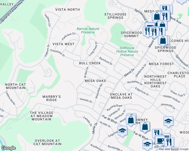 map of restaurants, bars, coffee shops, grocery stores, and more near 4211 Deepwoods Drive in Austin