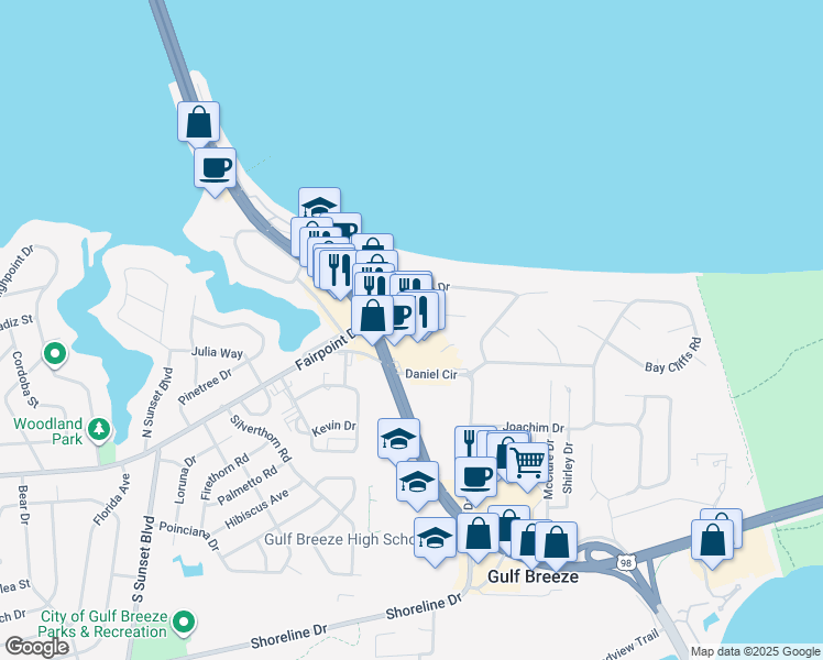 map of restaurants, bars, coffee shops, grocery stores, and more near 334 Gulf Breeze Parkway in Gulf Breeze