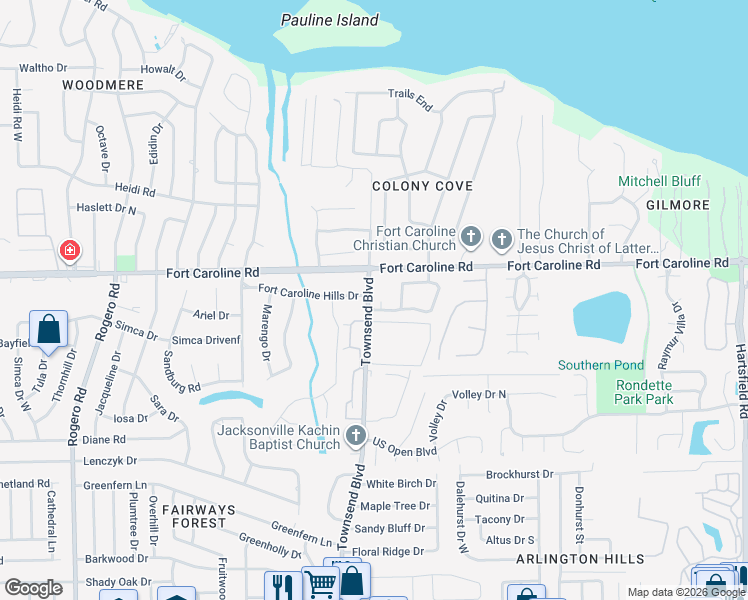 map of restaurants, bars, coffee shops, grocery stores, and more near 7121 Fort Caroline Hills Drive in Jacksonville