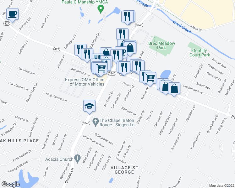 map of restaurants, bars, coffee shops, grocery stores, and more near 1875 Lombard Drive in Baton Rouge