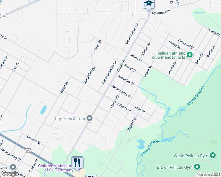 map of restaurants, bars, coffee shops, grocery stores, and more near 1685 Soult Street in Mandeville